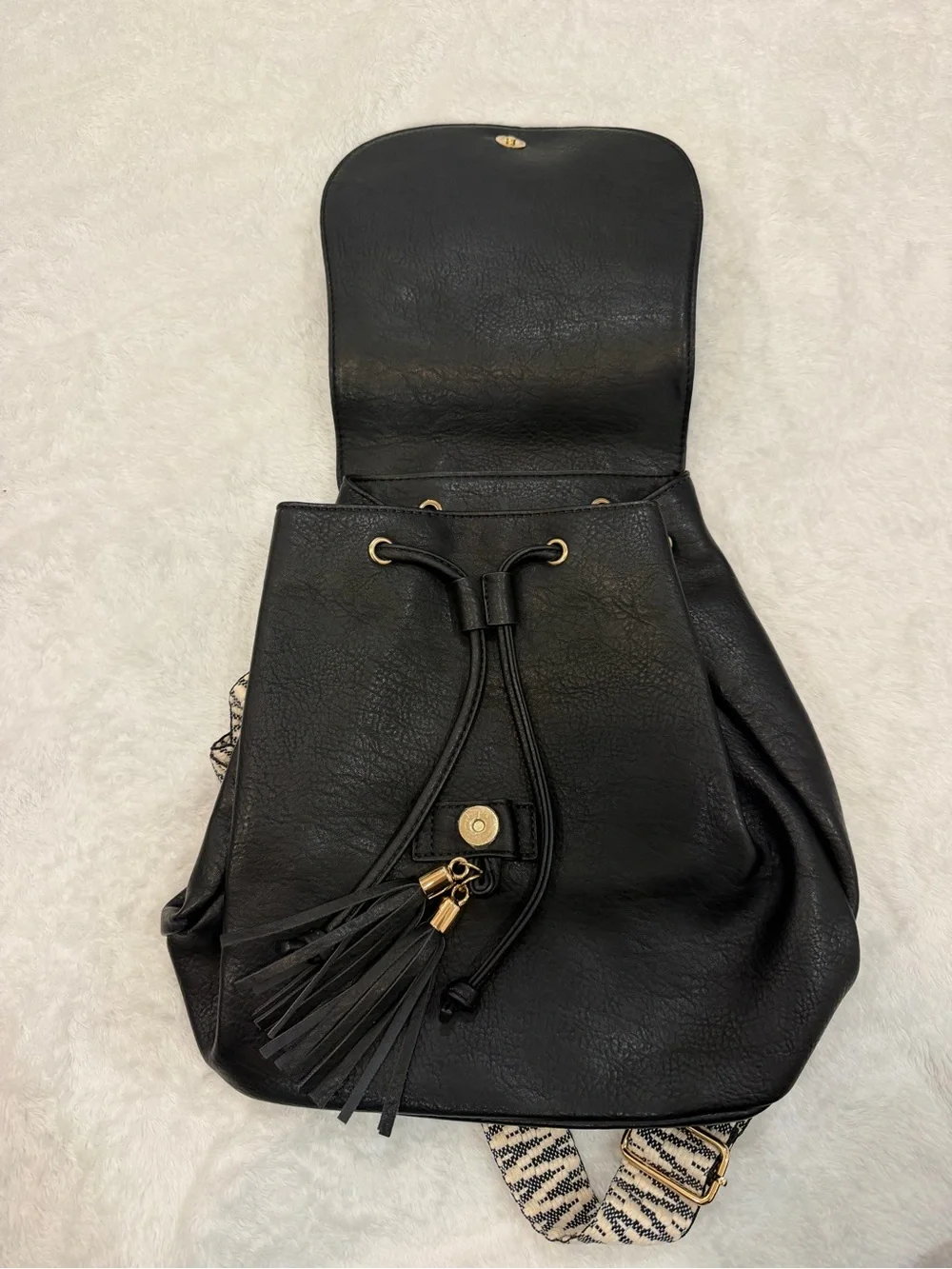 Black Faux Leather Tassel Backpack - Women's Fashion Bag